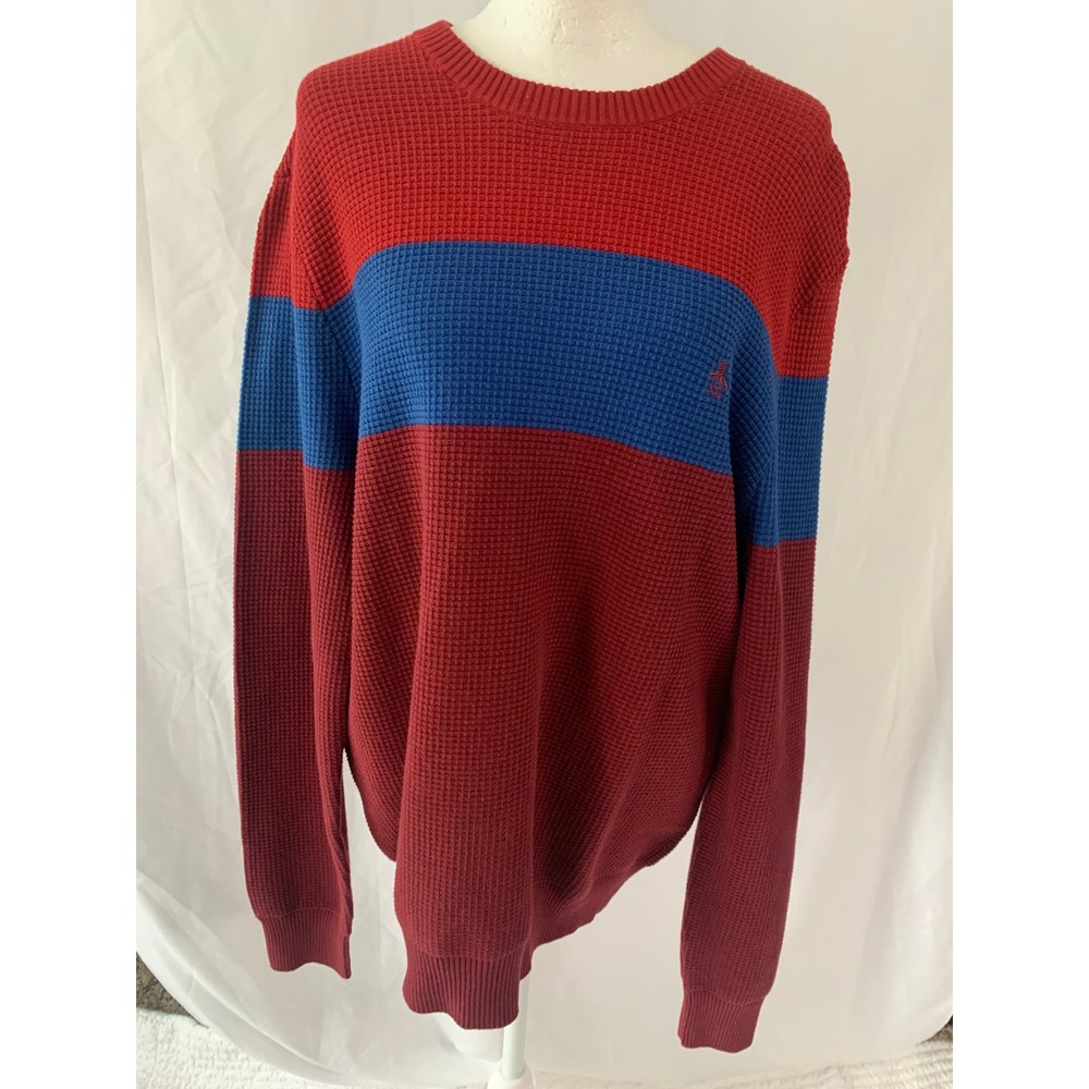 Original‎ Penguin Mens Waffle Knit Colorblock Sweater Cabernet Red Blue